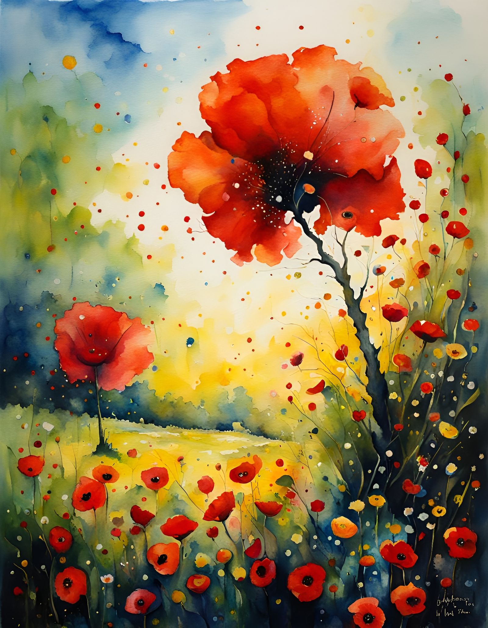 Poppy Tree in Watercolor Folk Art Style