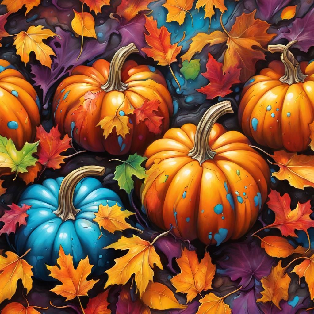 Vibrant Fall Leaves and Pumpkin Graffiti Art