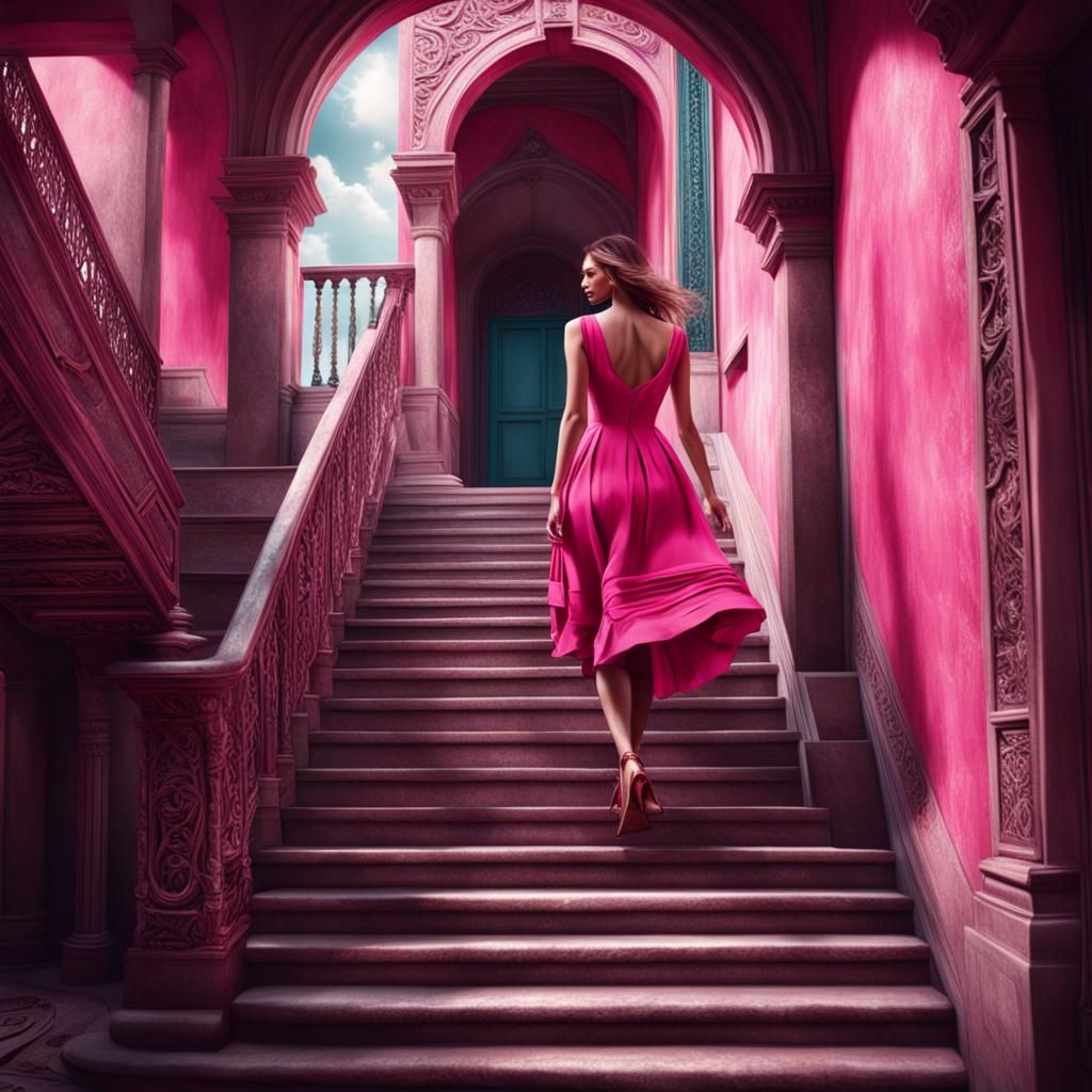 Girl in Pink Dress Coming Down Stairs
