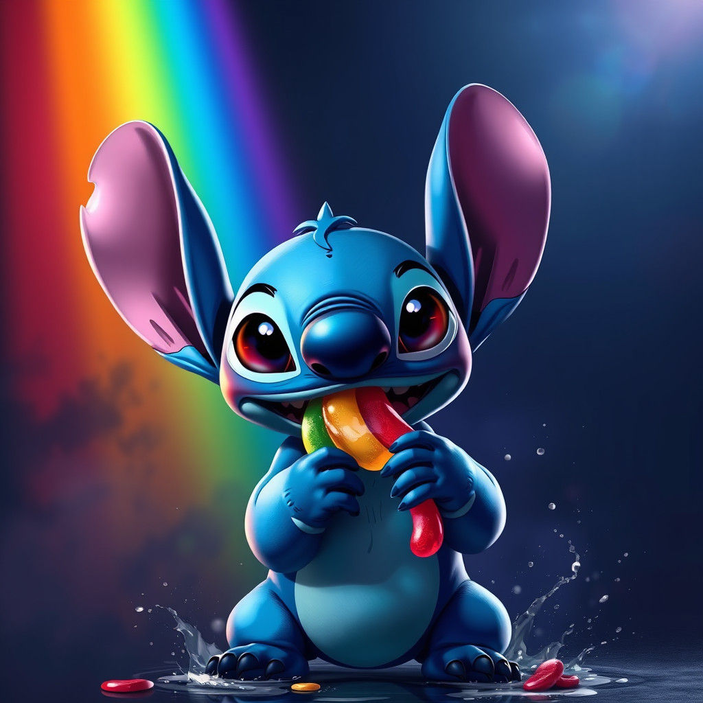 Disney's Stitch Portrait Under Rainbow, Hyperrealistic Art