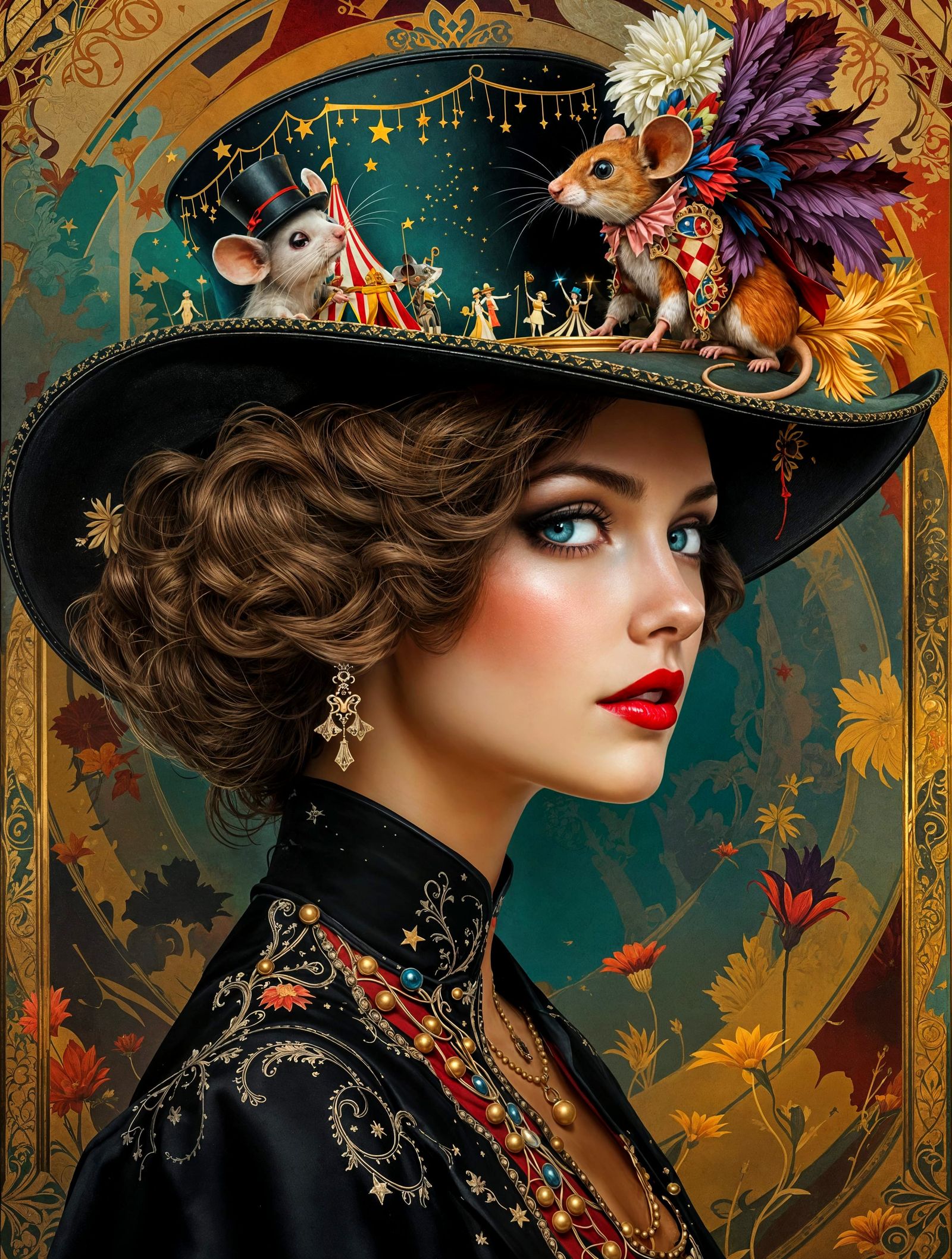 Art Nouveau Woman's Hat with Circus Mice
