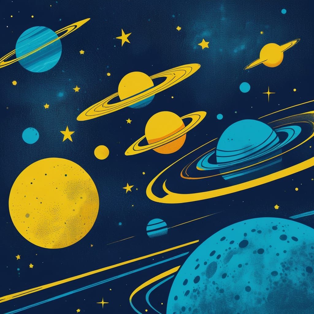 Retro Space Scene in Blue and Yellow
