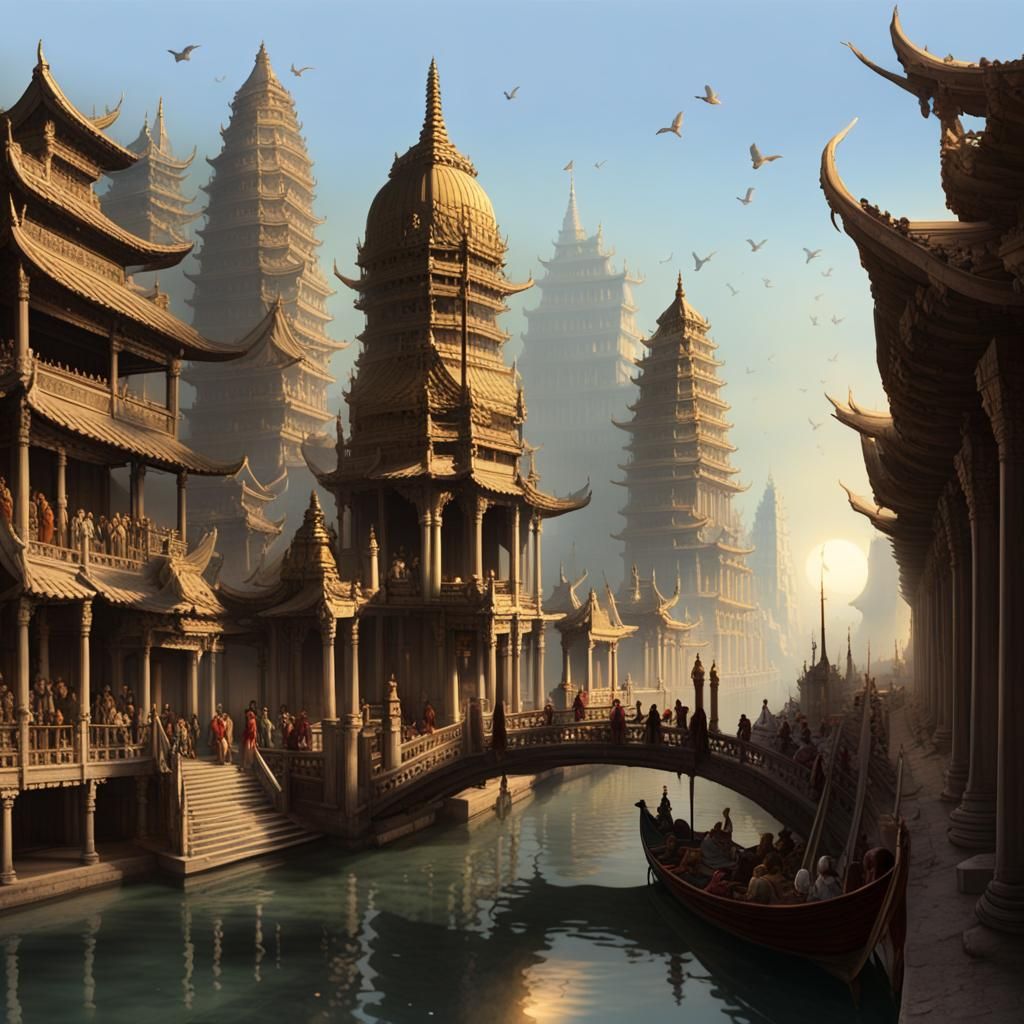 Ornate Fantasy Temple at Night in Detailed Matte Painting