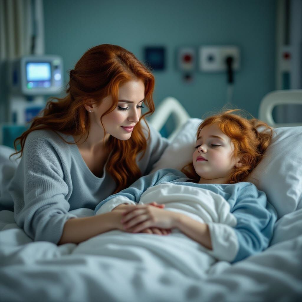 Sad Woman Holds Cousin's Hand in Hospital Bed