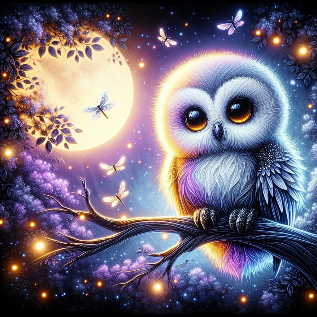 Lavender and Silver Owl in Alcohol Ink Style