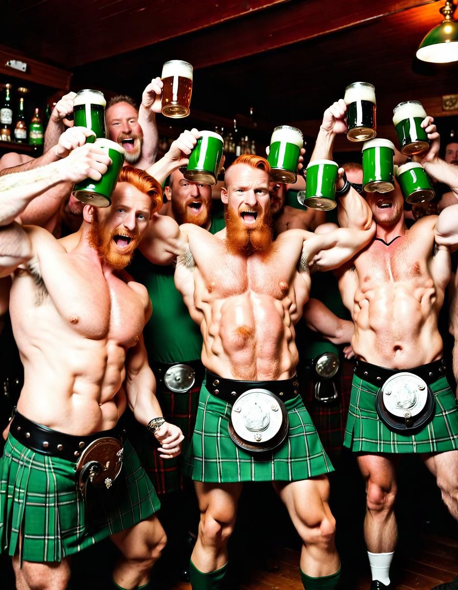 Lively Irish Bar Scene with Muscular Men in Kilts