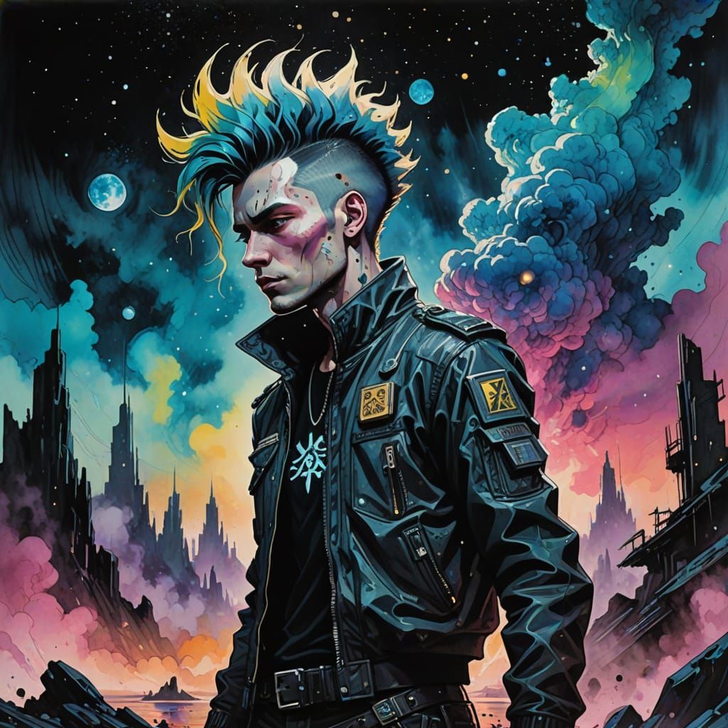Cosmic Punk Portrait on Asteroid, a Surreal Artwork