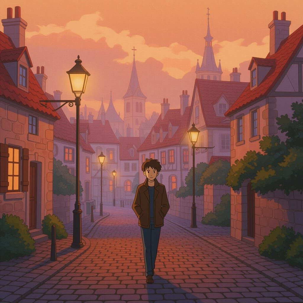 Ghibli-Inspired Magical Night Scene with Young Man