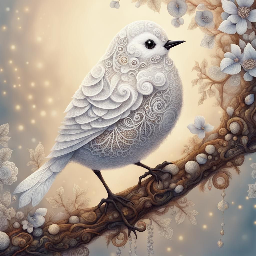 Lace Bird on Branch: Fantasy Art Painting