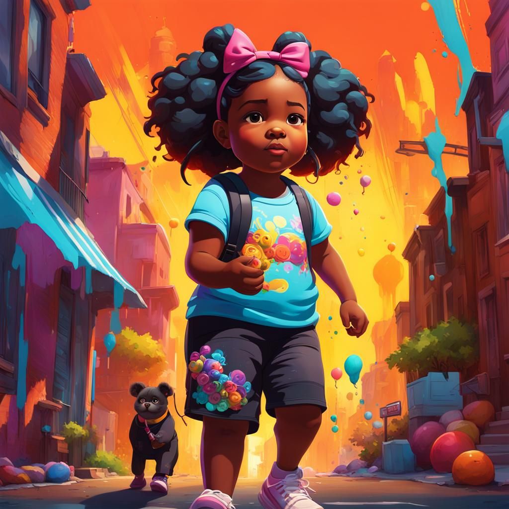 Vibrant Graffiti Art: Girl Walking with Cousin