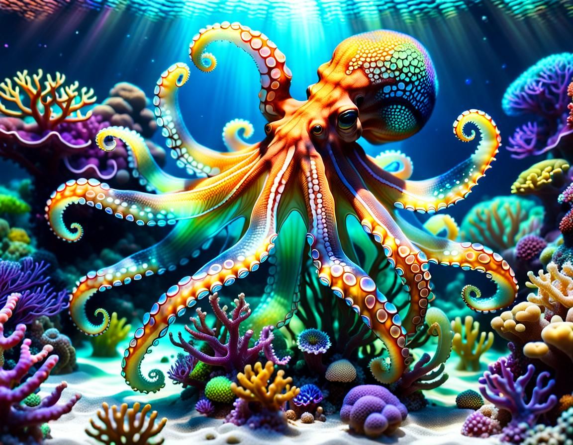 Bioluminescent Octopus in Coral Reef Ecosystem