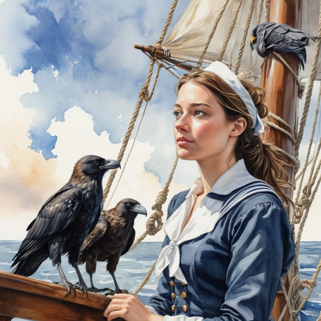 Humorous Watercolor of Sailor and Eagle in Nest