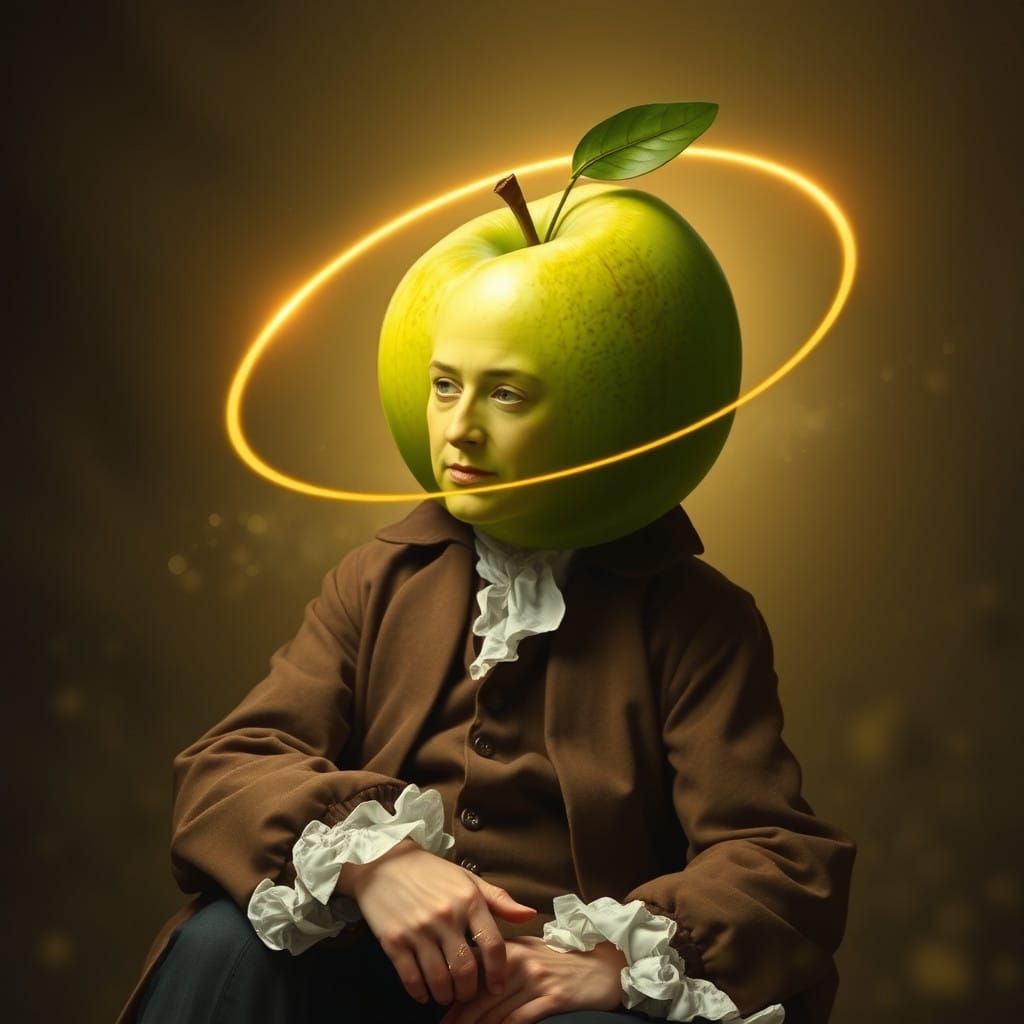 Isaac Newton Surrounded by a Vibrant Green Apple in Celestia...