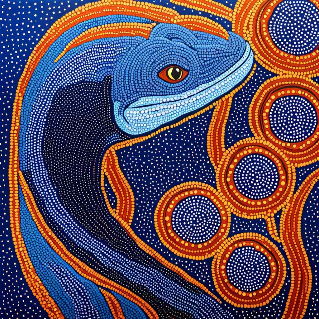 Perentie Lizard Portrait in Aboriginal Dot Painting Style