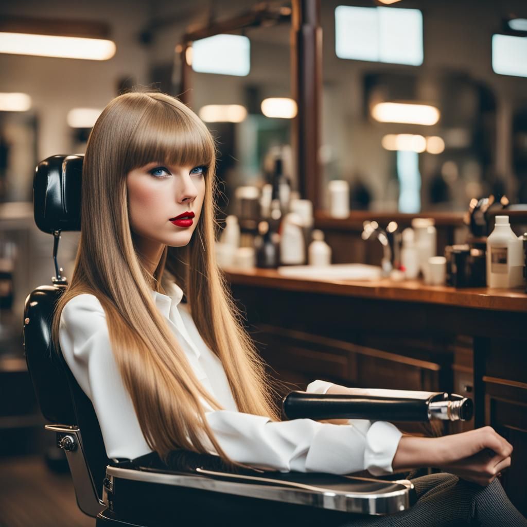Taylor Swift in Barber Chair, Long Hair, Photography