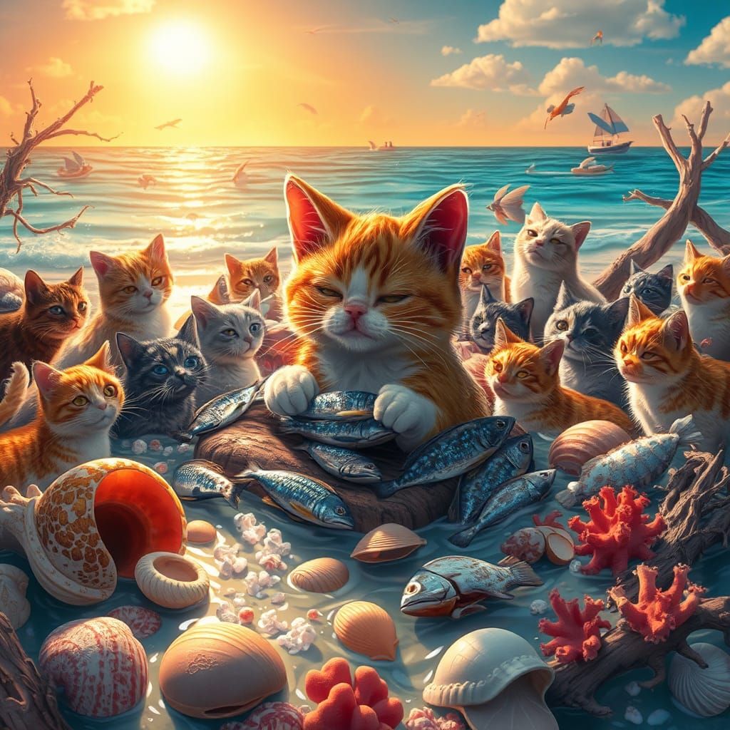 Cats' Beach Feast in Stylized Matte Painting
