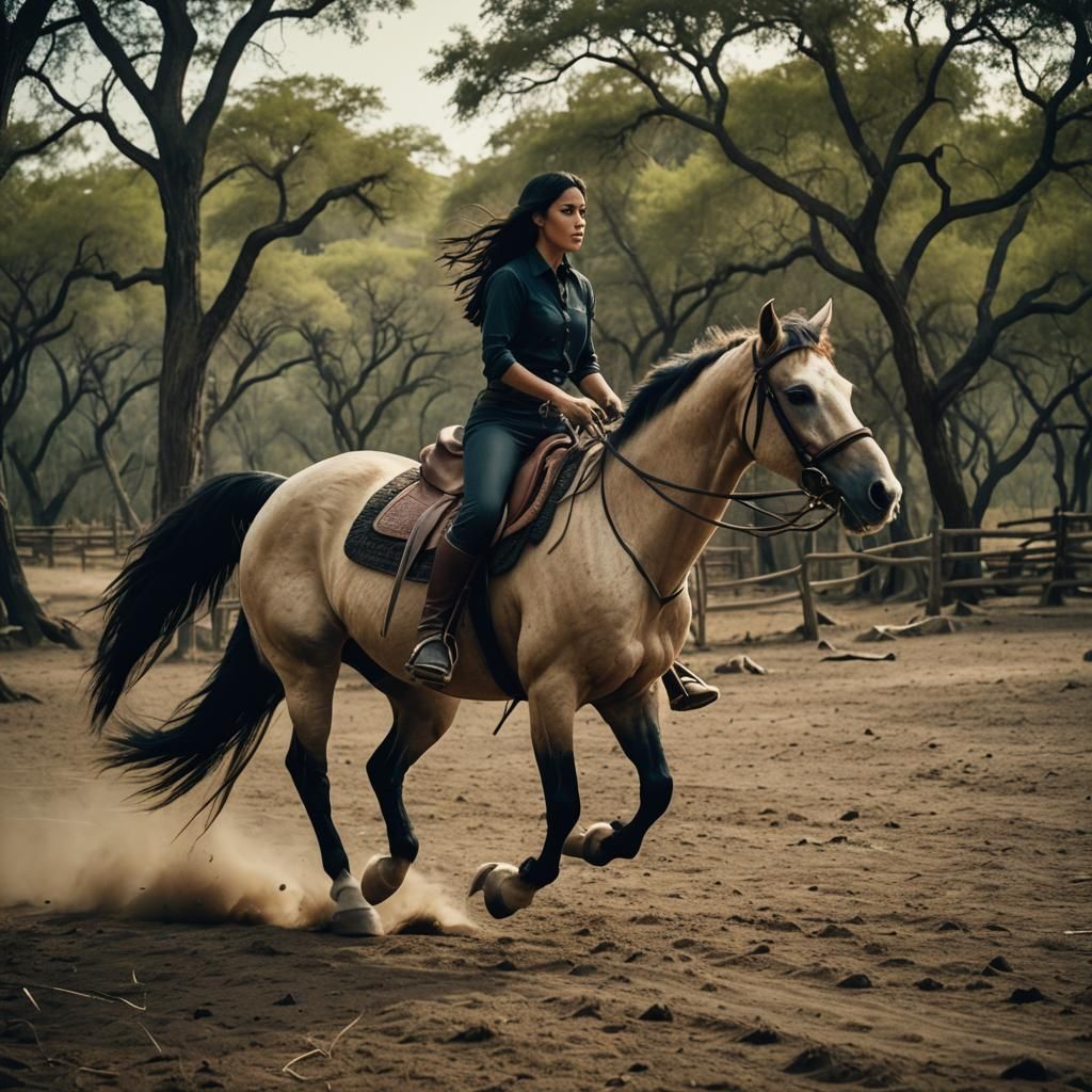 Latina Woman Riding Horse: Cinematic Film Still
