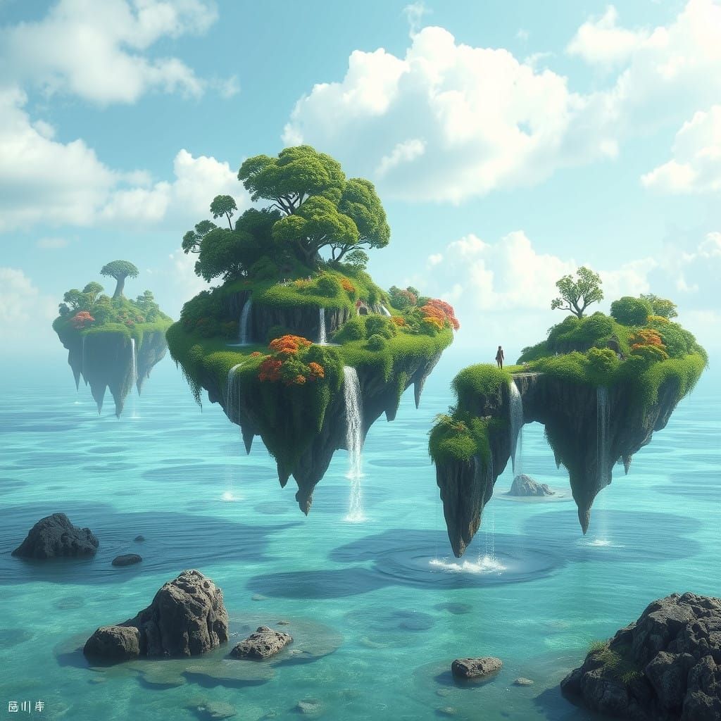 Surreal Lush Islands Rise from Dreamlike Waters in Whimsical...