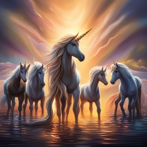 Realistic Unicorn Herd Welcomes Newborn: Splash Art