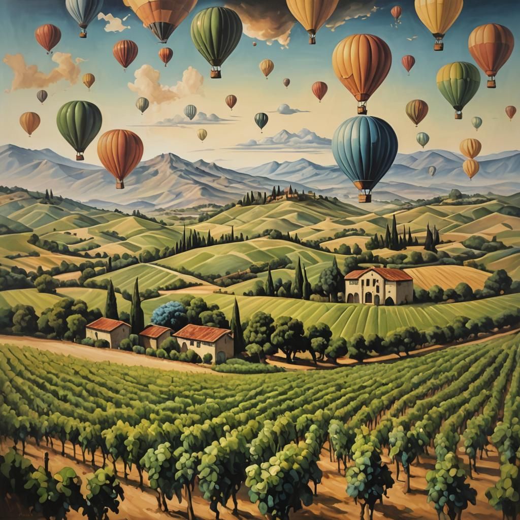 Napa Valley Vineyard with Hot Air Balloons, Surrealist Paint...