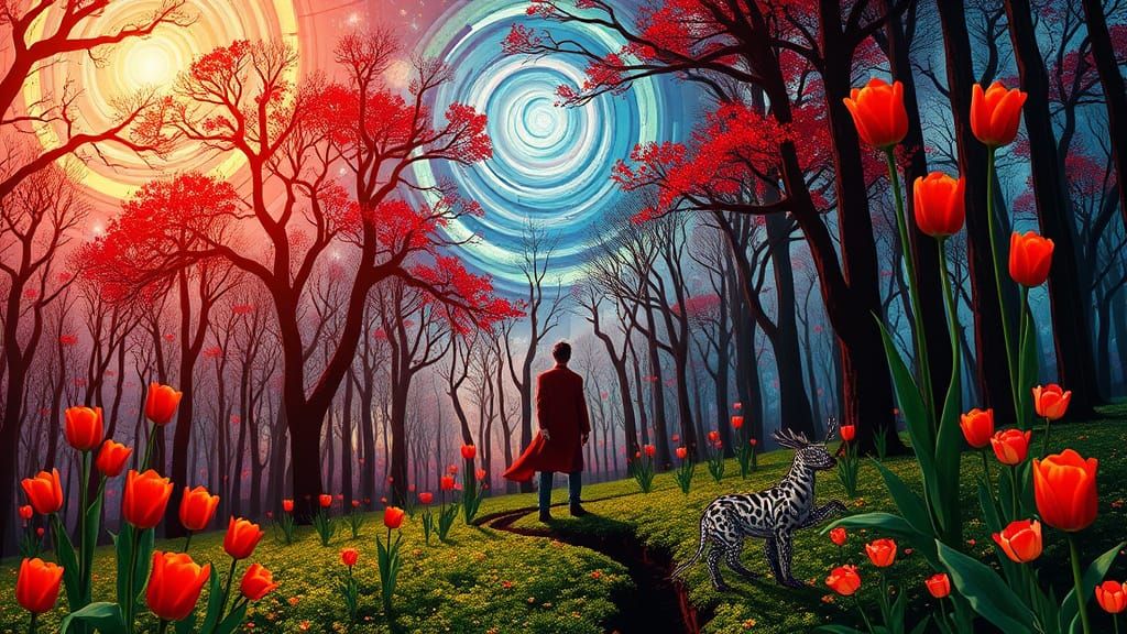 Man in Red with Tulips: Whimsical Dreamscape