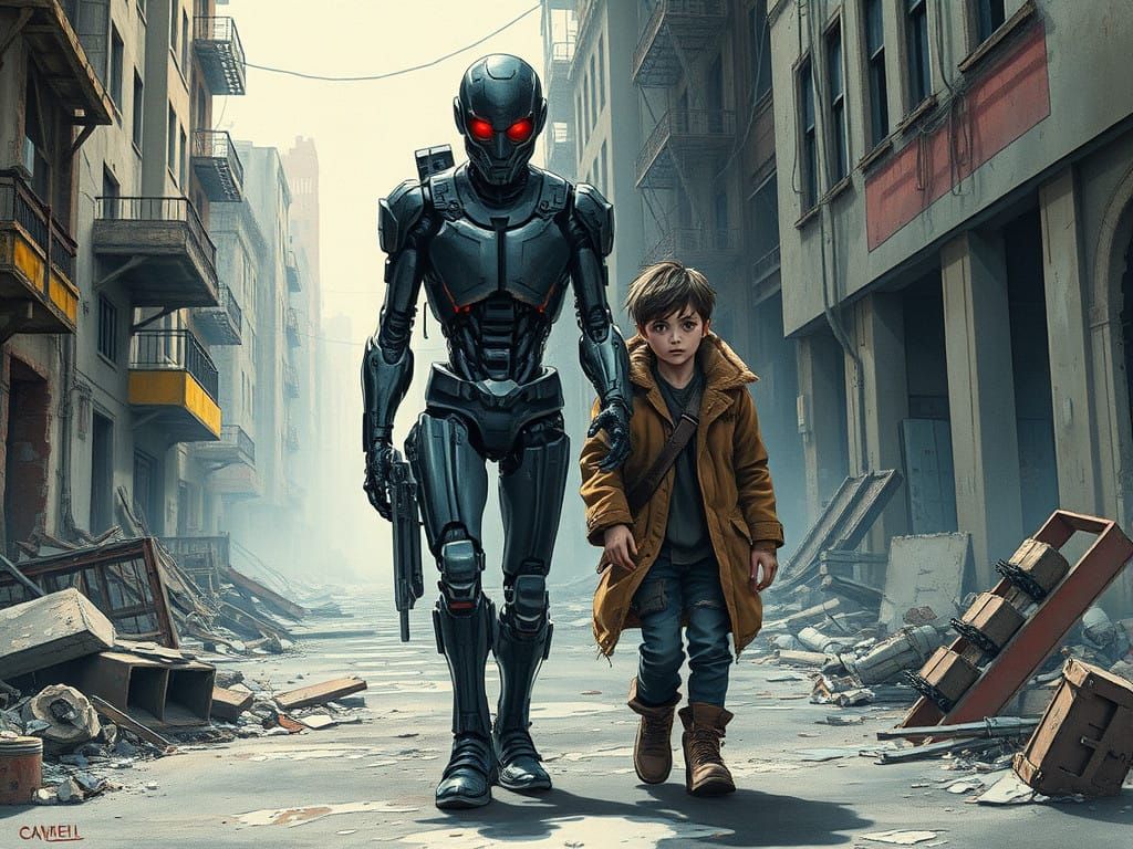 Cyborg and Boy in Ruined Cityscape, Pastel Watercolor Style