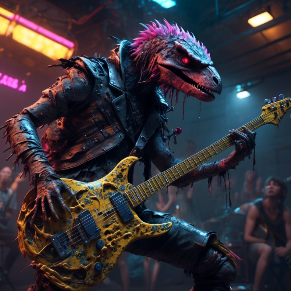 Cybernetic Punk Rock Raptor Guitarist, Detailed Digital Art