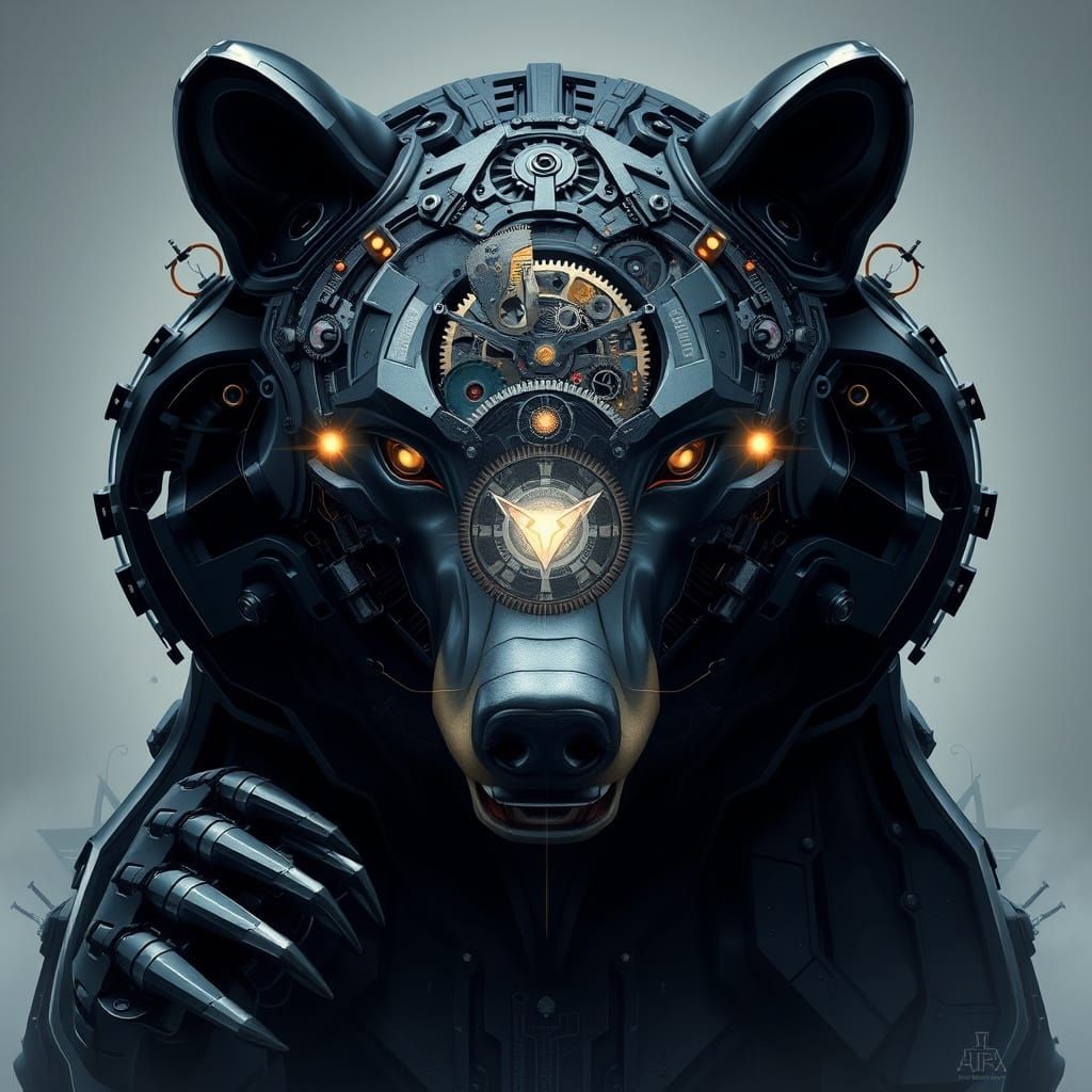 Cyberpunk Bear Portrait in Gears and Cityscape