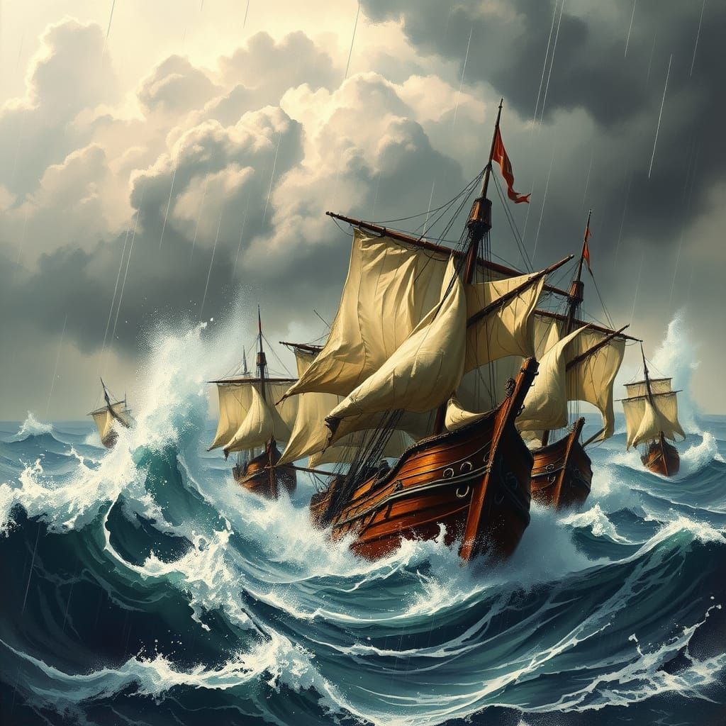 Gustave DorΓ©-Inspired Warships Confront the Fury of the Sea