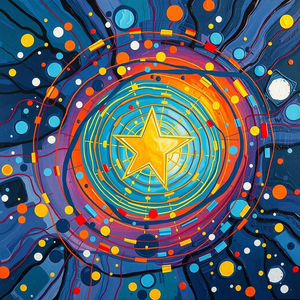 Electromagnetic Coils Circling a Star as Impasto Painting