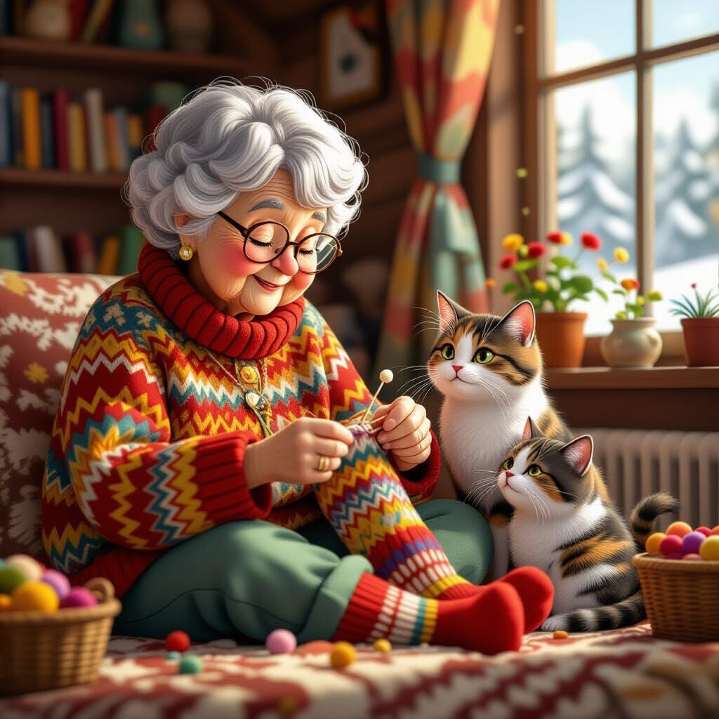 Anime Grandma Knitting with Cats in 3D Style