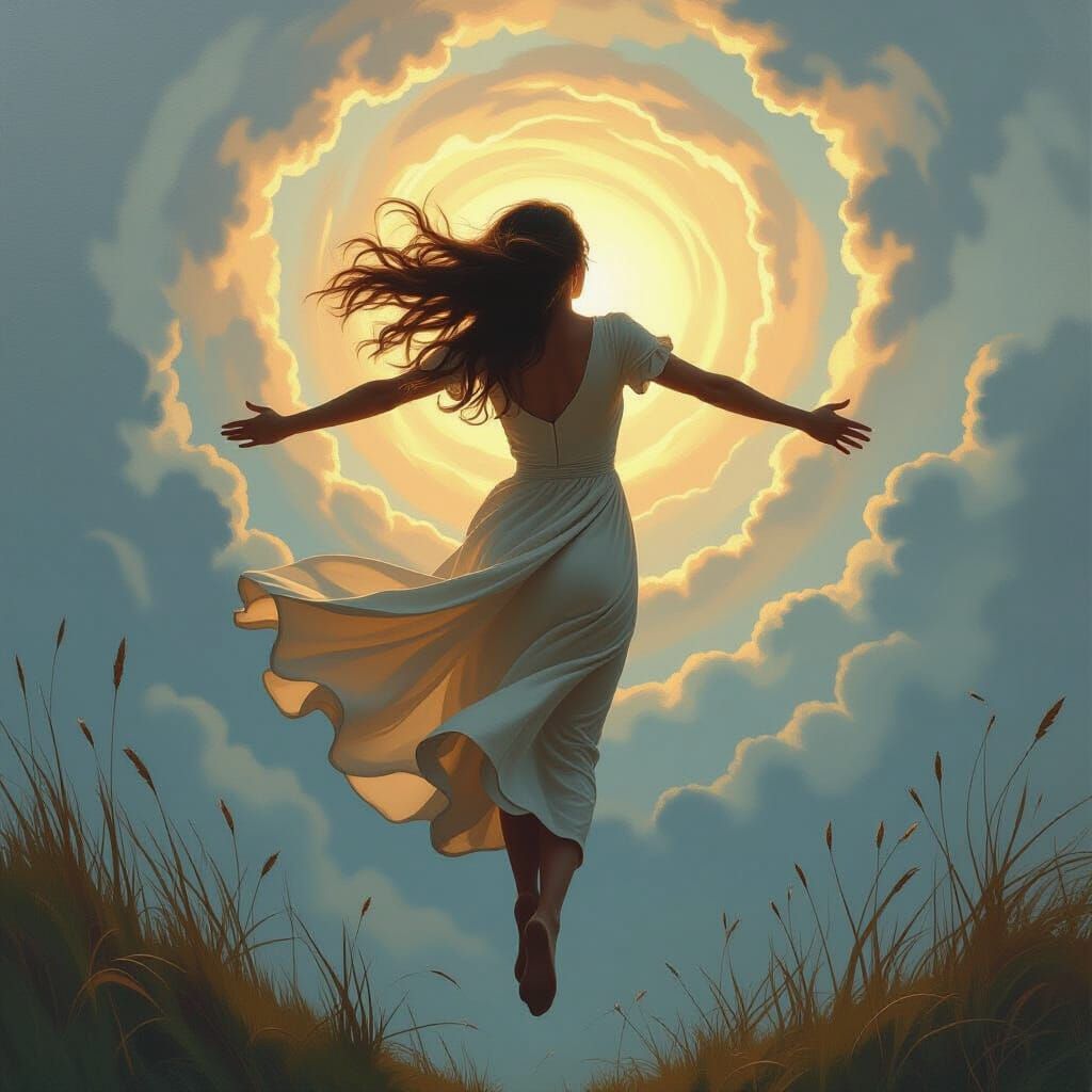 Woman Embracing Windstorm in Vibrant Oil Painting