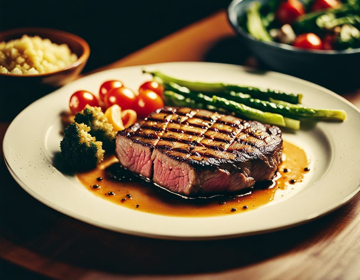 Close-Up of Sizzling Steak in Film Grain Style
