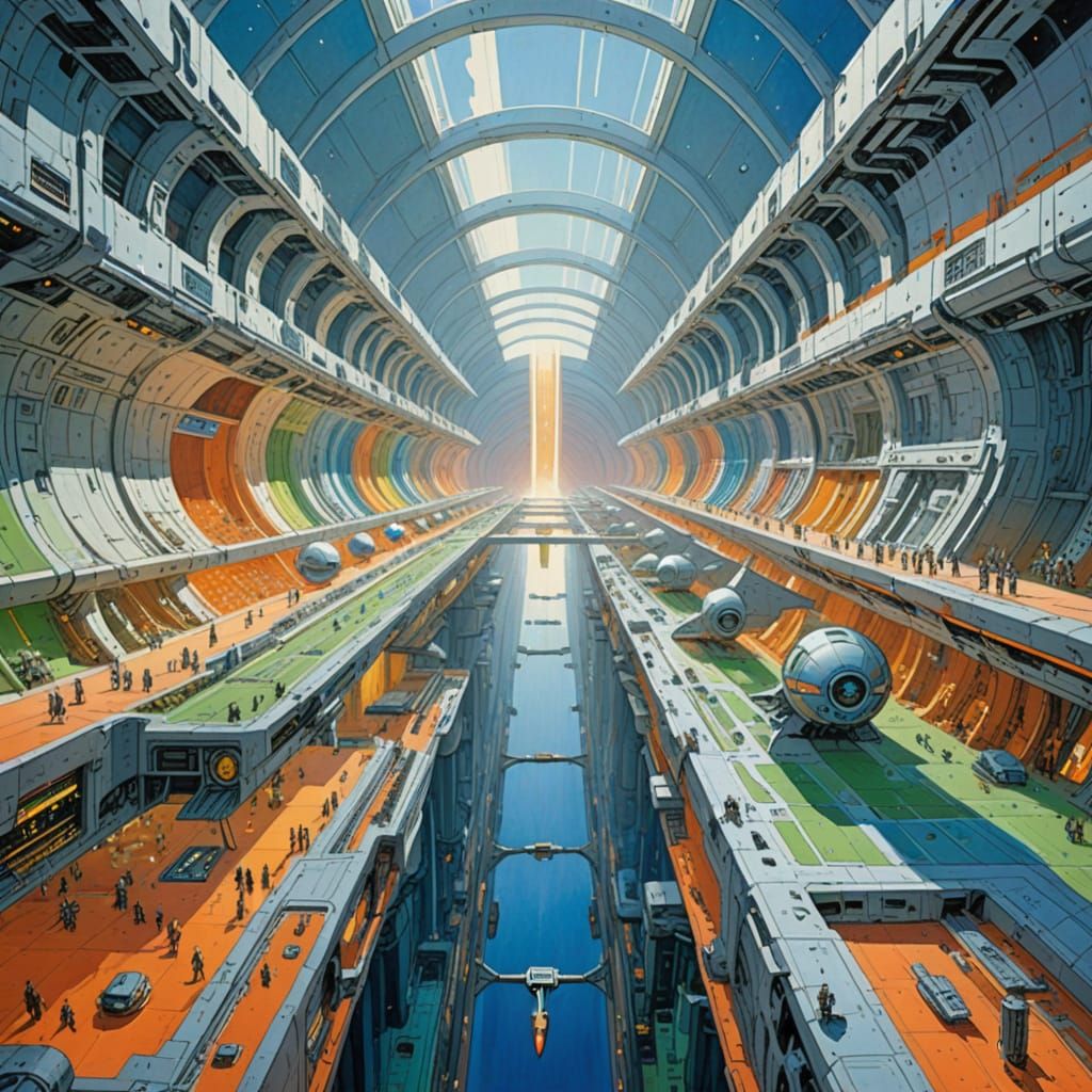 Utopian Spaceport Interior in Gouache and Watercolor