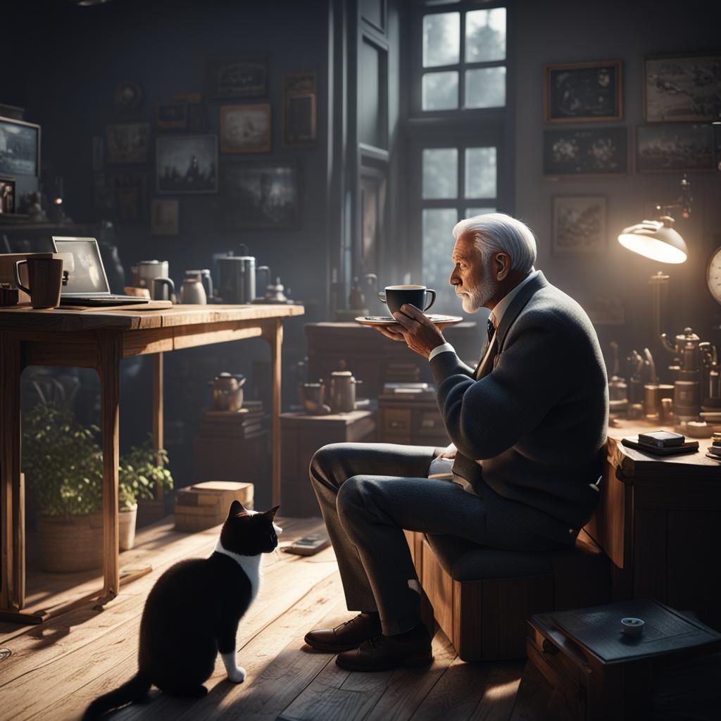 Man and Cat at Computer in 3D Cinematic Style