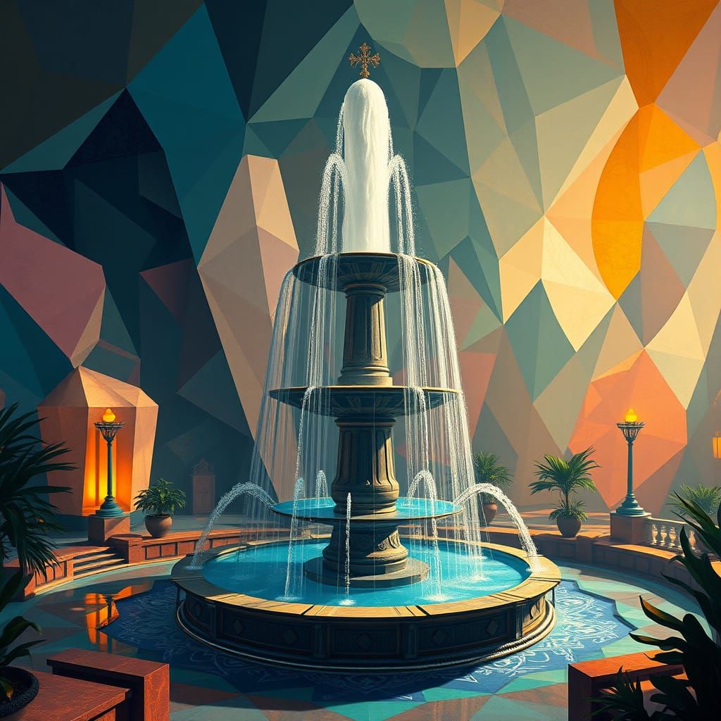 Mystical Fountain in Cubist Art Deco Style
