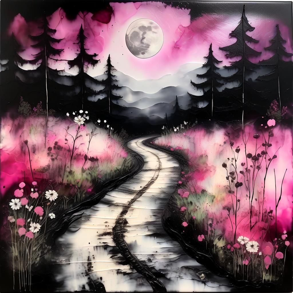 Black and White Encaustic Rural Landscape with Pink Moon