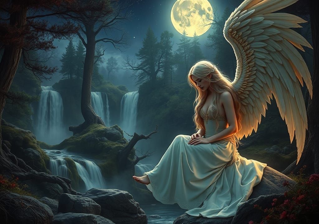 Fallen Angel in Moonlit Forest: Hyperrealistic Fantasy Art