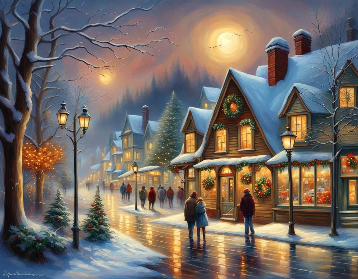 Winter Street Scene with Christmas Lodges in Oil Painting St...