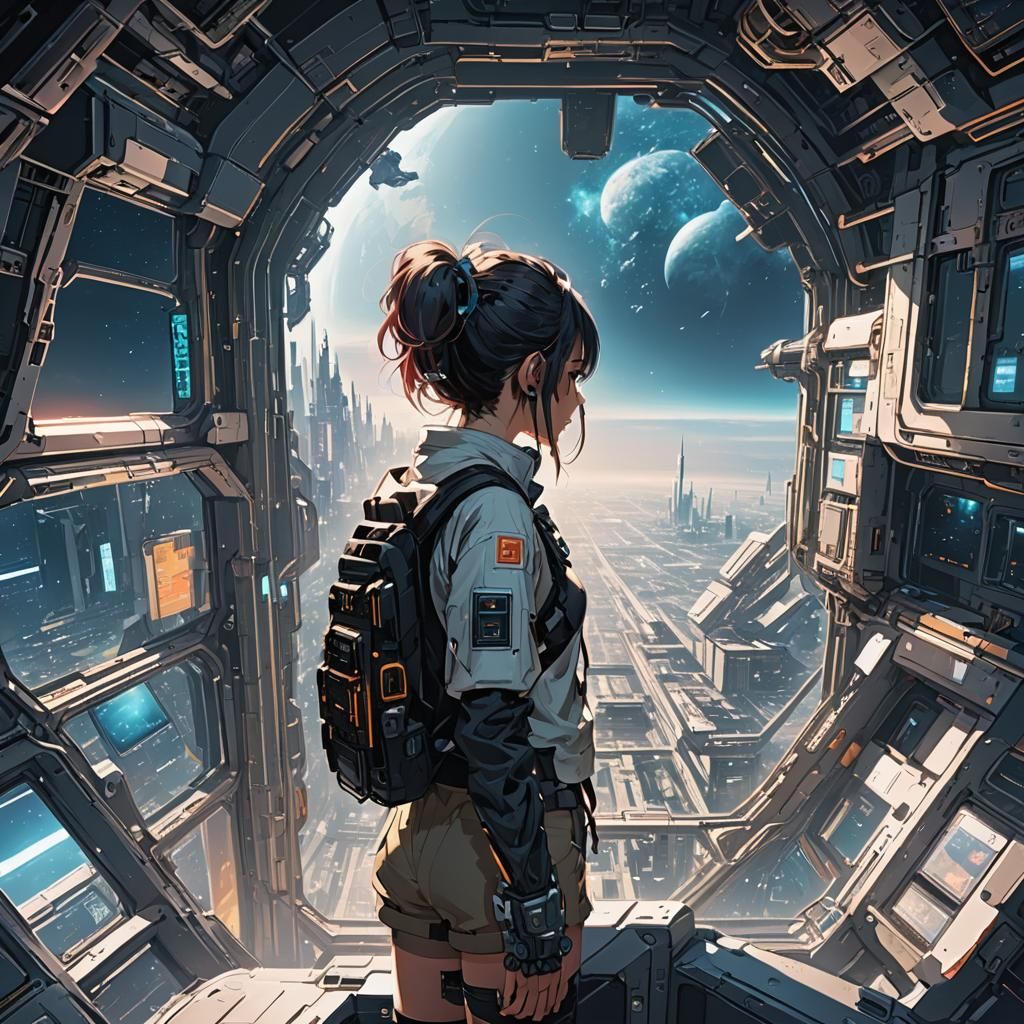 Cyberpunk Girl Gazing at Interstellar Space