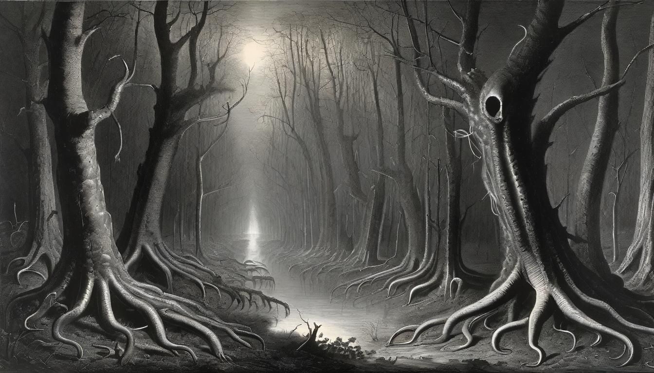 Surreal Dark Woods with Fireflies in Engraving Style