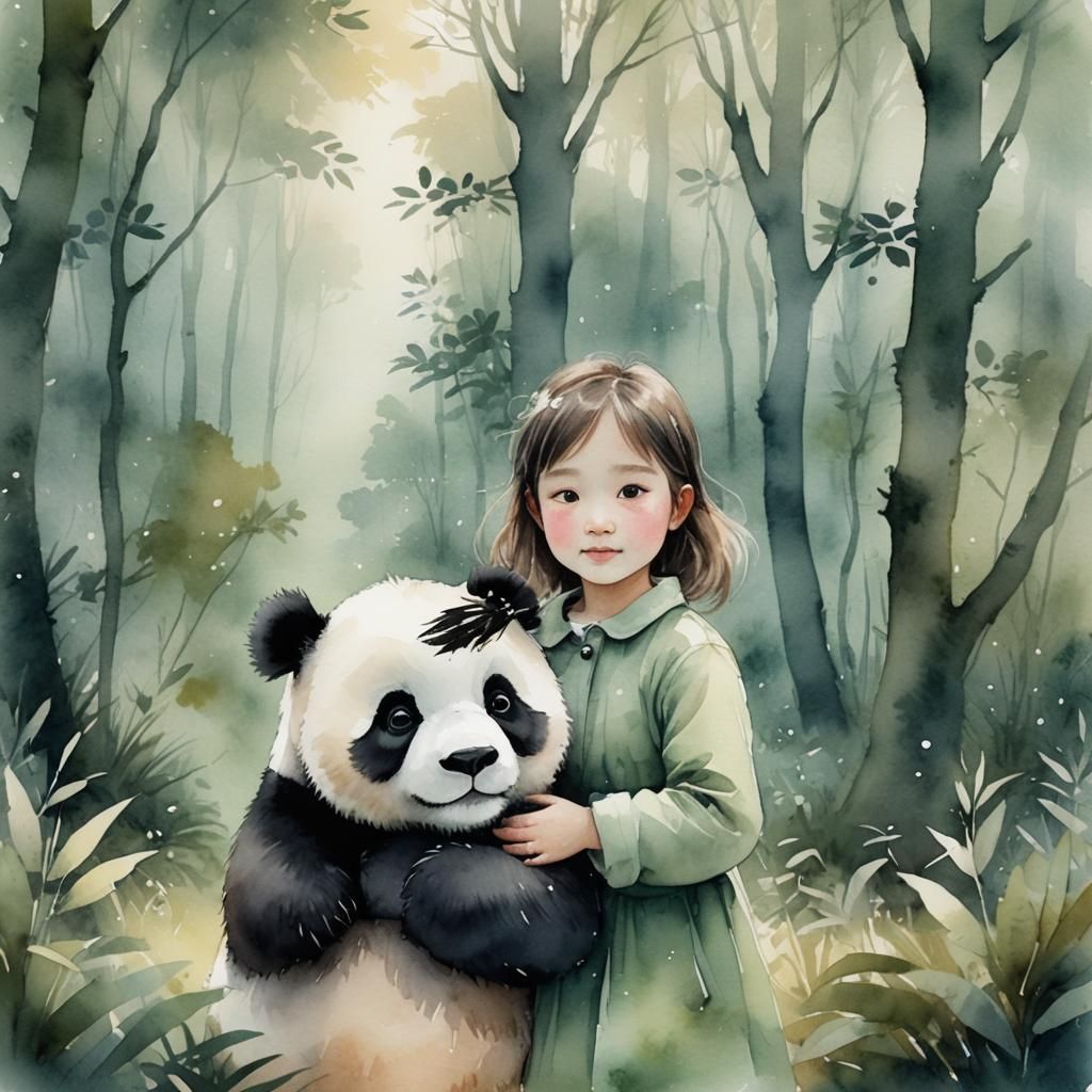 Girl and Panda in Misty Forest, Watercolor Art