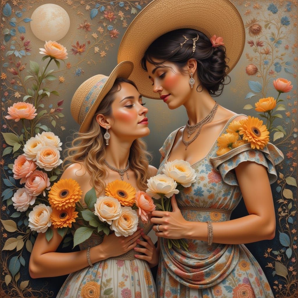 Emotional Flower Seller Portrait in Folk Art Nouveau