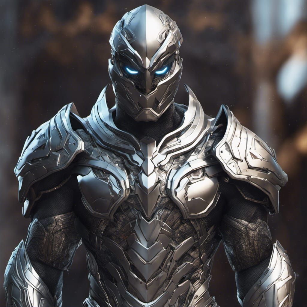 High Tech Superhero in Silver Armor, Detailed Art
