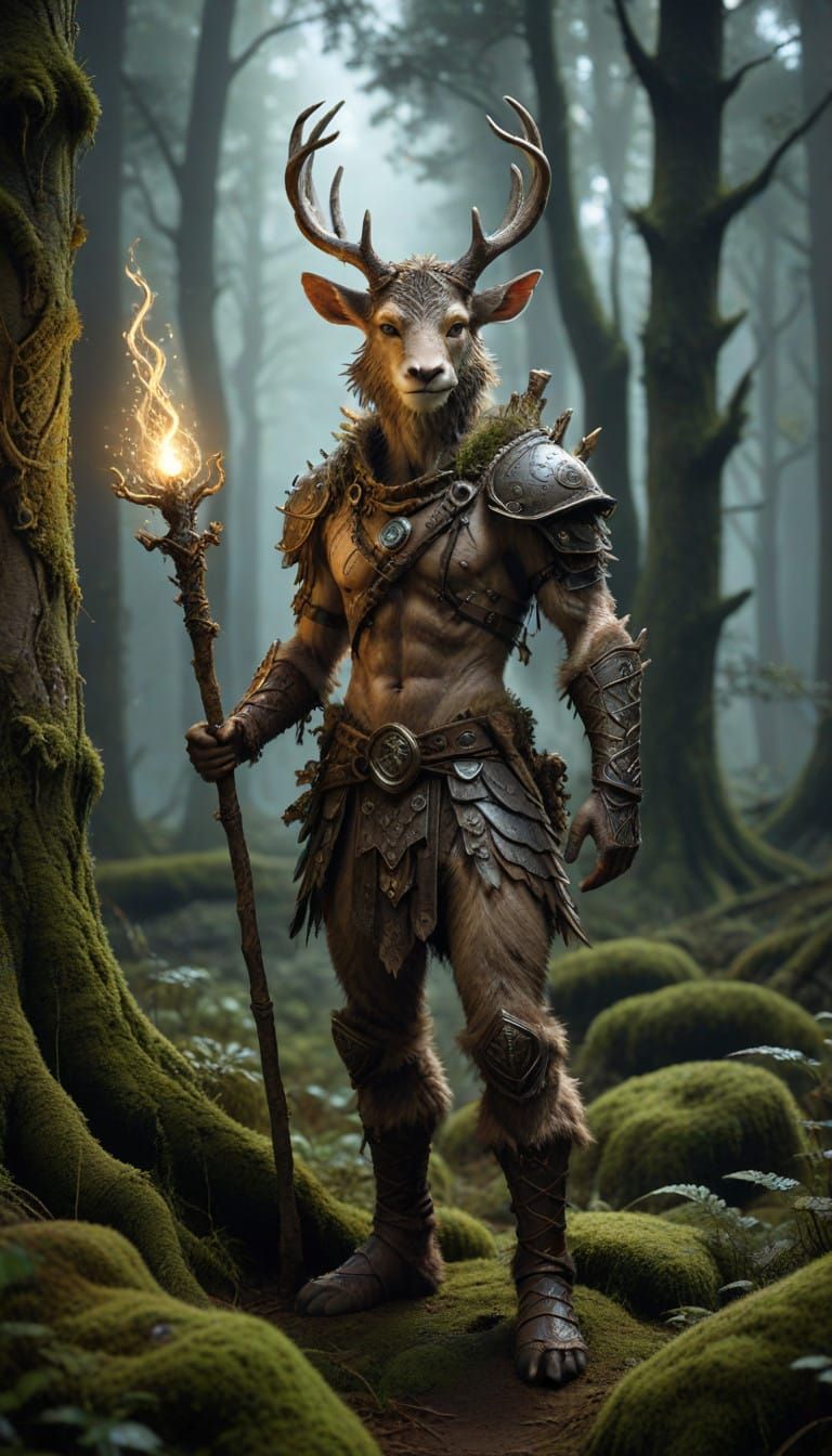 Mystical Faun in Moonlit Forest: Whimsical Woodland Scene