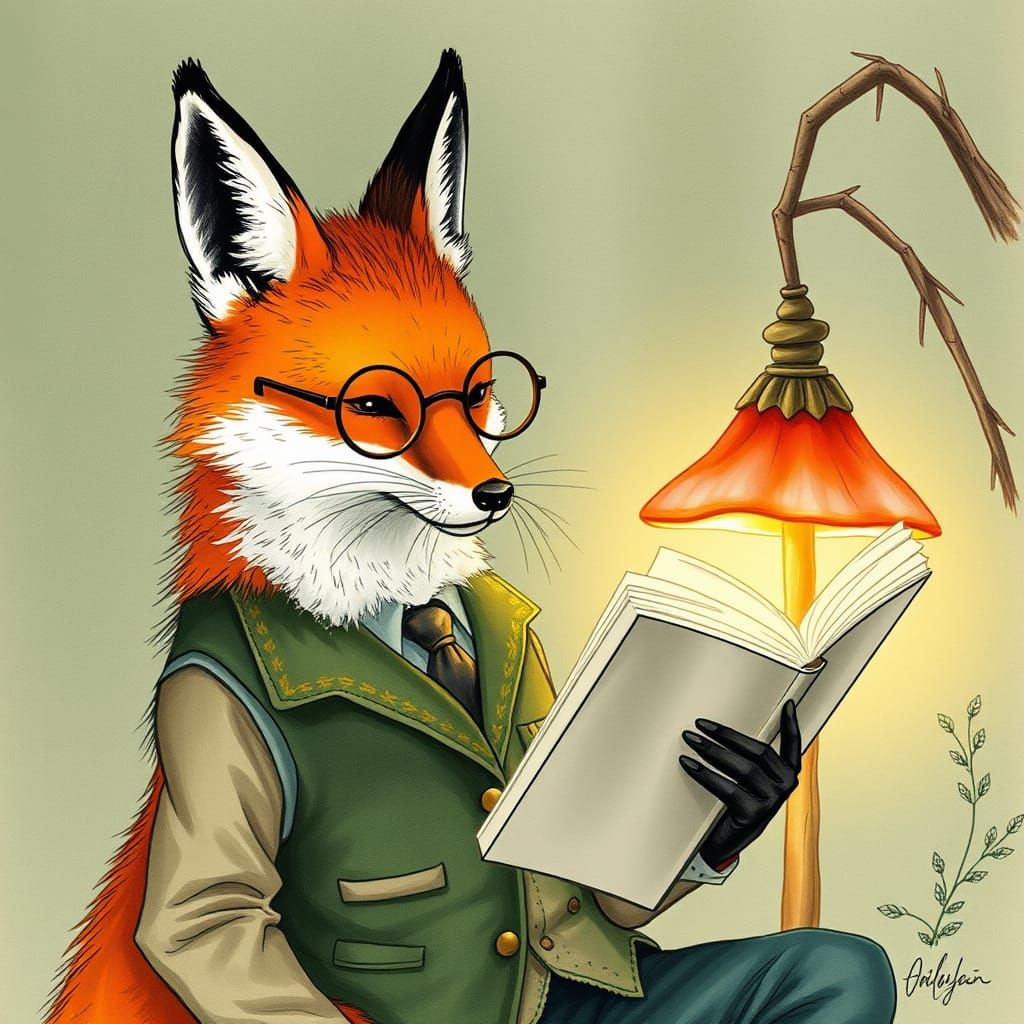 Fox Reading Under Mushroom Lamp in Whimsical Style