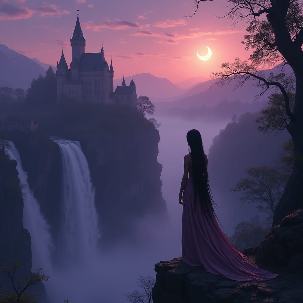 Dark Fantasy Woman in Castle, Under Twilight Sky with Waterf...