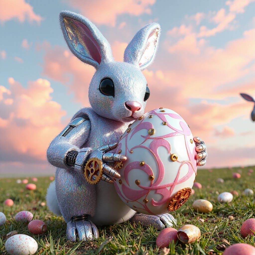 Whimsical Robot Easter Bunny in Pastel Rainbow Bubble Gum Ae...