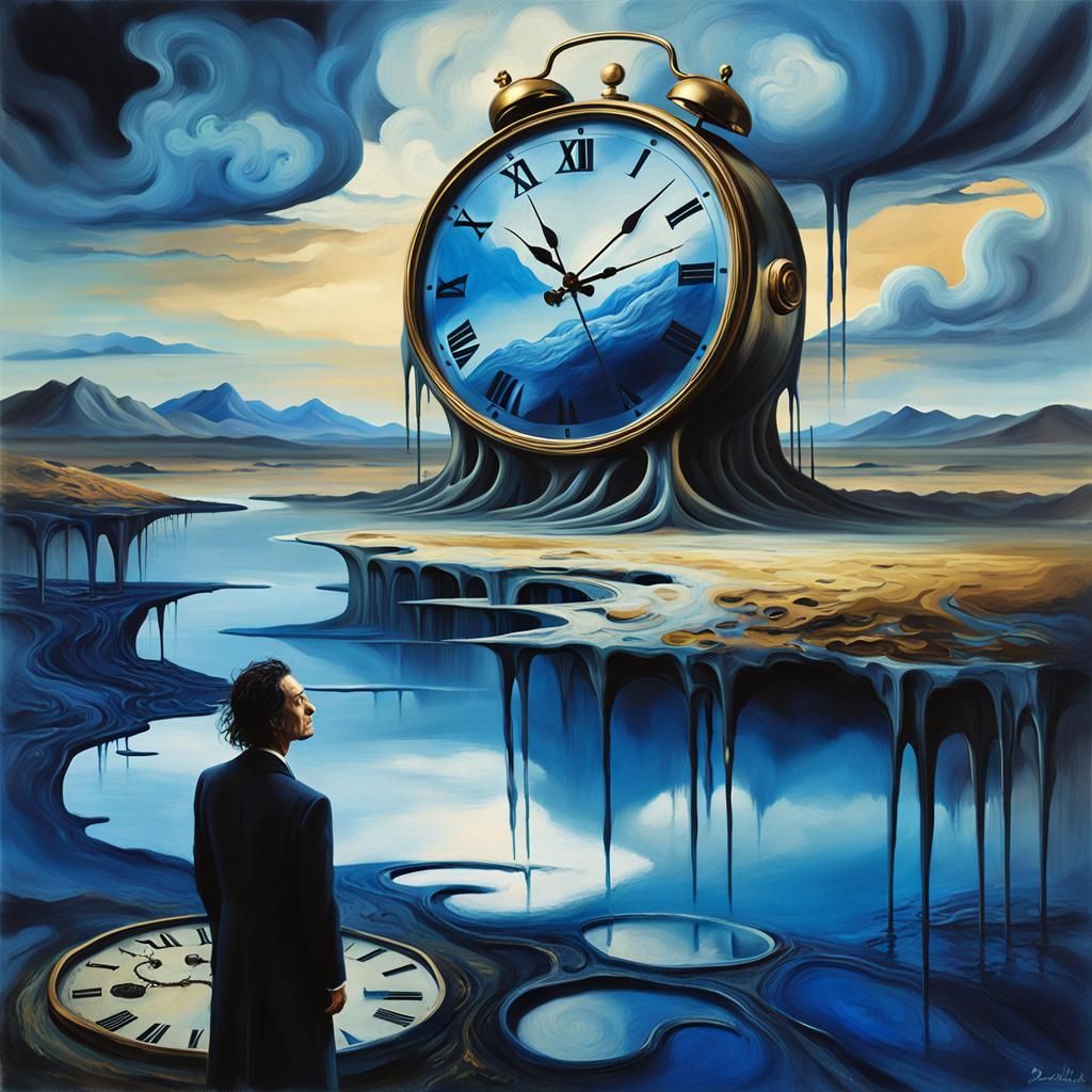 Dystopian Surrealism: Melting Clock in Overcast Landscape