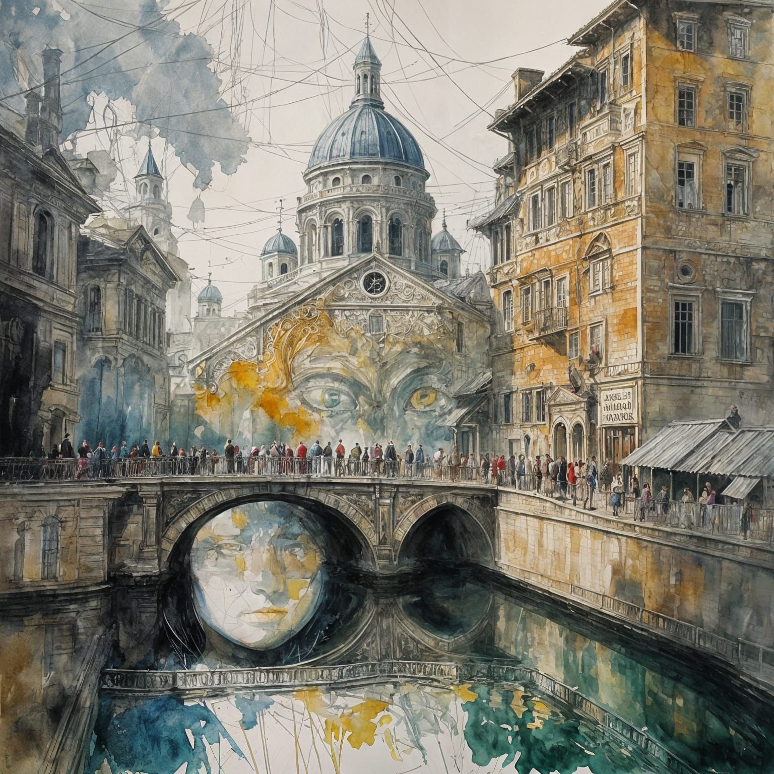 Double Exposure Mona Lisa in Gouache Watercolor Style